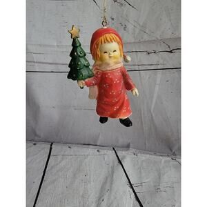 Vintage 80's Christmas Girl with Tree Ornament 2" Red Dress and Cap Blond Girl